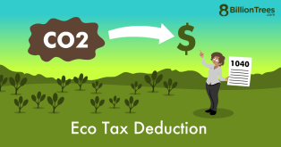 An 8 Billion Trees graphic of eco tax deduction, with an illustration of carbon dioxide and a person holding a 1040 form