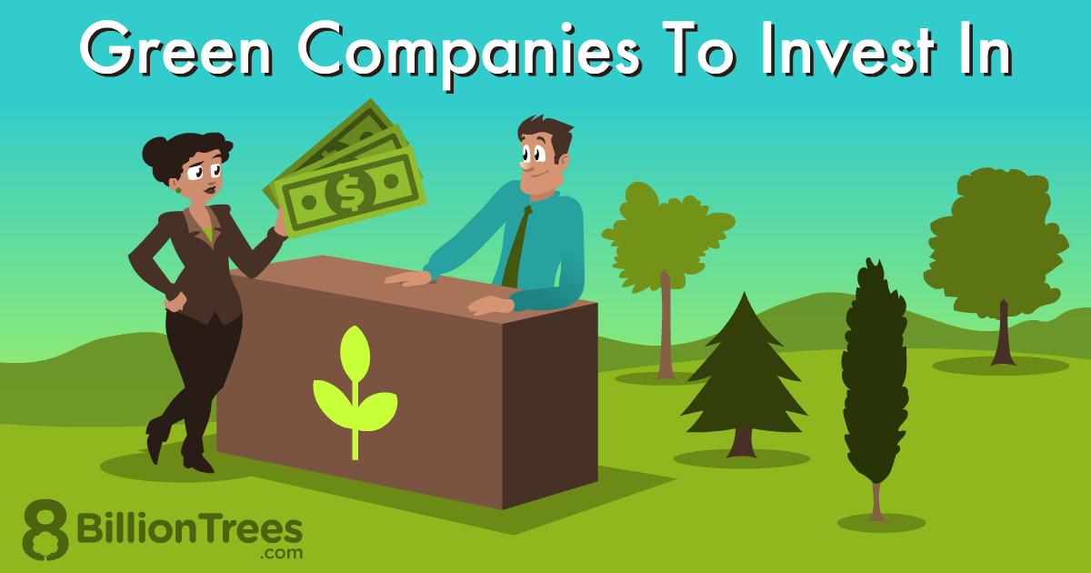 Woman with large bills approaching a green companies to invest in booth with trees behind it to buy carbon credit stock investments.