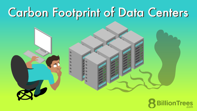 Man working at a computer station sees a carbon footprint cloud coming from the stacks of hardware and wonders about the carbon footprint of data centers and carbon footprint of data storage and colocation centers around the world.