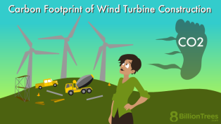 Woman looks at a giant wind turbine carbon footprint floating in the air from the construction equipment being used to erect them and wonders about the real measure of the carbon footprint of wind turbine construction.